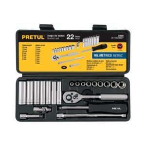 Juego de dados 22 piezas milimétrico con estuche de plástico, encastre 1/4, 23980/JD-1/4X22MM-P, Pretul