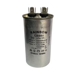 Condensador metálico para motor; capacitor permanente; 30uf, CBB65-30UF/450V, Rainbow